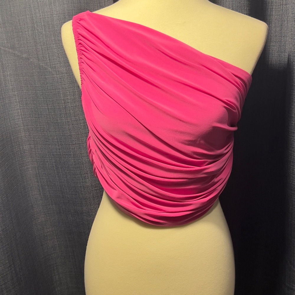 Norma Kamali Ruched Asymmetric Crop Top in Hot Pink